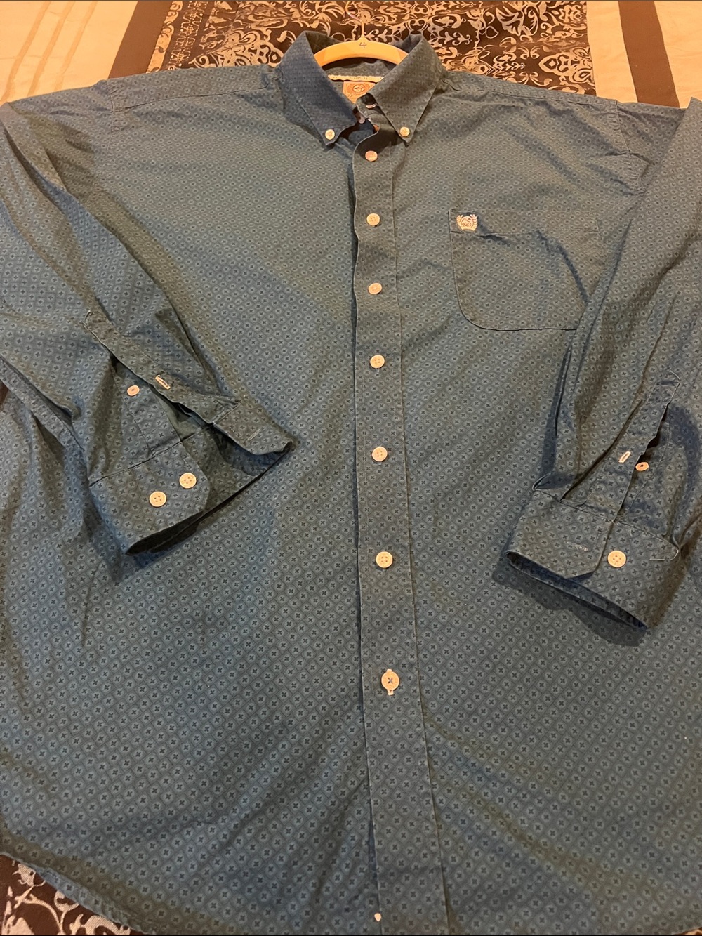 Cinch Teal Blue Button-Down Shirt with Micro Pattern